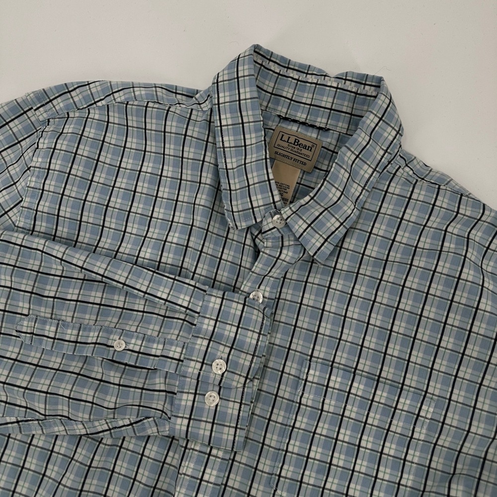 LL Bean Mens Slightly Fitted Plaid Button Down Shirt Blue White Cotton Large